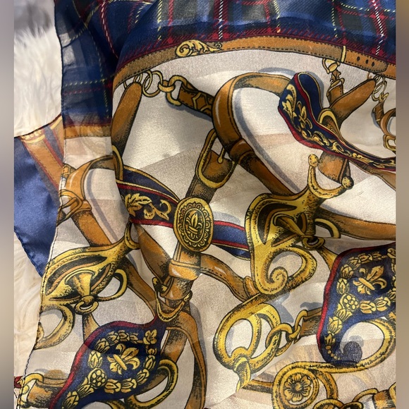 Italian made :equestrian style scarf. Very pretty: blues and golds 62” Lx14” w - Picture 2 of 10